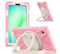 Case for Samsung Galaxy Tab A11 8.7 inch 2025 SM-X135G/130 Tablet，Durable Shockproof Hard PC 360 Degree Rotating Kickstand and Shoulder Strap, Silicone Protection Case for Family/Child (Pink)
