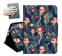 Case for Samsung Galaxy Tab A11+ Plus/A9+ Plus 11 Inch 2026/2024,with Hand Straps and Auto Wake/Sleep PU Leather Slim Multiple Angles Stand Smart Cover,Jellyfish and Flowers