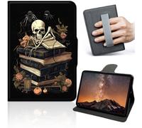 Case for Samsung Galaxy Tab A11+ Plus/A9+ Plus 11 Inch, 360° Rotating Stand Tablet Cover with Hand Strap, Auto Wake Sleep, Slim Protective PU Leather Case, Skull on Old Books