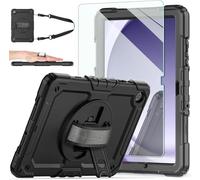 Case for Samsung Galaxy Tab A9+ 11'' 2023, Full Body Protective Case with 9H Tempered Glass Screen Protector, 360° Rotatable Kickstand & Hand Strap (Black)