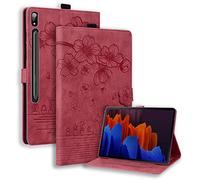 Case for Samsung Galaxy Tab S10 Lite/ S10 FE 2025/ S9 FE 10.9 Inch/ S9 11 Inch 2023 Shockproof with S-Pen Holder Flowers Cute Cat Stand Floral Cover, Auto Wake/Sleep - Red