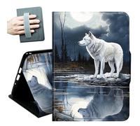 Case for Samsung Galaxy Tab S10 Lite/ S10 FE/ S9 FE 5G 10.9 Inch/Galaxy Tab S9 11 Inch 2023,with Hand Straps and Auto Wake/Sleep Leather Multiple Angles Stand Smart Cover,White Wolf Under the Moon