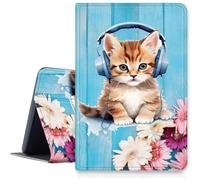 Case for Samsung Galaxy Tab S10 Plus/ S9 FE Plus/ S9 Plus 5G Tablet 12.4" PU Leather Smart Protective Cover with Auto Sleep/Wake,Cat with Headphones Flower