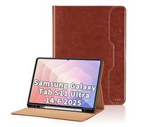 Case for Samsung Galaxy Tab S11 Ultra 14.6 inch 2025 SM-X930/SM-X936B/SM-X936N PU Leather Smart Cover with Pocket & Pencil Holder, Multi-Angle Viewing Stand Cover - Brown