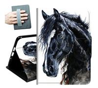 Case for Samsung Galaxy Tab S8 Plus 2022 / S7 FE 2021 / S7 Plus 2020 12.4-Inch,with Hand Straps and Auto Wake/Sleep PU Leather Slim Multiple Angles Stand Smart Cover,Black White Horse