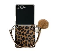 Case for Samsung Galaxy Z Flip5 Girly Cover with Fluffy Ball Pendant Leather Strap Leopard Print Shockproof Cover Bumper Silver Frame Phone Skin for Samsung Galaxy Z Flip 5 5G Brown/Black
