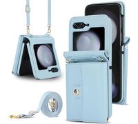 Case for Samsung Galaxy Z Flip7 FE 2025,Samsung Galaxy Z Flip6 Cover for Women |Crossbody Strap + Hand Strap| 4 Large Card Holders Wallet Bag Shockproof Premium Leather Magnetic Purse Blue