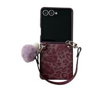 Case for Samsung Galaxy Z Flip7 Girly Cover with Fluffy Ball Pendant Leather Strap Leopard Print Design Shockproof Cover for Women Bumper PC Phone Skin for Samsung Galaxy Z Flip 7 5G 2025 Purple