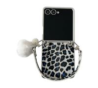 Case for Samsung Galaxy Z Flip7 Girly Cover with Fluffy Ball Pendant Leather Strap Leopard Print Shockproof Cover Bumper Silver Frame Phone Skin for Samsung Galaxy Z Flip 7 5G 2025 Silver