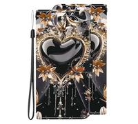 Case for Sony Xperia 10 III,Black Heart Jewellery Yellow Crown Painting Multifunction Leather Phone Case Wallet Flip Cover with Multi Card Slots Pocket Wrist Strap for Sony Xperia 10 III