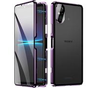 Case for Sony Xperia 10 VI, Magnetic Metal Frame Mobile Phone Case 360 Degree Full Body Front Back Tempered Glass Protective Case One Piece Ultra Thin Flip Transparent Cover Purple