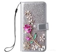 Case Glitter Bling for Samsung Galaxy A14 5G,Romantic Roses Glitter Silver PU Leather Shockproof Folio Flip Wallet Case with Stand Card Holder Cover Girls Kids Phone Case for Samsung Galaxy A14 5G