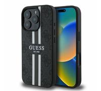 Case iPhone 16 Pro Guess Faux Leather Gray with Logo Pattern Stripes MagSafe