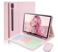 Case Keyboard for Samsung Galaxy Tab S10 Lite / S10 FE / S9 FE / S9 / S8 10.9-11 inch Cover - 7 Color Rainbow Change Backlit Detachable Magnetic Keyboard with S Pen Holder with Mouse - Pink