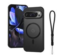 Case Magnetic for Google Pixel 9/9 Pro con 1* Wrist Cell Phone Lanyard, Compatibile with MagSafe, Shockproof Cover Ultra Thin Translucent Opaque, Anti-Scratch |Anti-Fingerprint Black