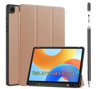 Case+Stylus Pen for Samsung Galaxy Tab A11+/A9 Plus 11 inch, Built in Pen Slot Slim for Tab A9+/A11 Plus Tablet Protective Leather case Auto Wake/Sleep，Honeycomb Heat Dissipation (Golden)