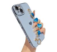 Caseative Cute Plating Love Heart Wrist Strap Chain Bracelet Soft iPhone 14 Plus Case, Blue, Wireless Charging Compatible, Anti-Fingerprint, Drop and Scratch Resistant
