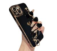 Caseative for iPhone 13 Case,Cute Plating Love Heart Wrist Strap Chain Bracelet Phone Case (Black)