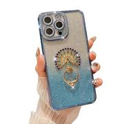 Caseative for iPhone 14 Plus Case,Plating Glitter Bling Sparkle Diamond Frame Peacock Ring Bracket Stand Holder Phone Case (Blue,14 Plus)