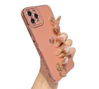 Caseative iPhone 11 Pro Max Case, Cute Plating Love Heart Wrist Strap Chain Bracelet, Soft Silicone, Pink, Wireless Charging Compatible