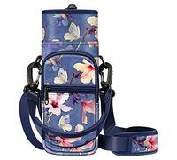 CASEBOT Carry Bag for Water Bottles, Bottle Holder, Water Bottle Bag with Adjustable Shoulder Strap and 2 Pockets for Hiking, Cycling, Camping, Travel, Fitness Centre, Blooming Hibiscus, Water Bottle