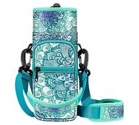 CASEBOT Water Bottle Carrier Bag Sling Case, Sports Water Bottle Pouch Holder Sleeve with Adjustable Shoulder Hand Strap and 2 Pockets for Men Women Hiking Camping Travelling, Emerald Illusions