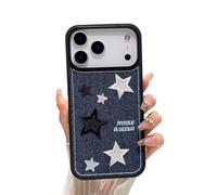 Casechics Compatible with iPhone Case,Cool Denim Fabric Embroidery Star Silicone Camera Lens Protection Soft Shockproof Cover Phone Case (iPhone 17 Pro Max,Blue)