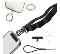 Casecond Crossbody Phone Lanyard Cell Phone Strap Charm Neck Adjustable Strap with Wrist Strap 3 Pad Patches Tether Spring Ring Finger Holder Anti Theft Universal for iPhone 16 15 14 13 12 Nylon Black