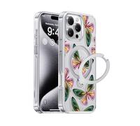 CASEKOO 360° MagicStand for iPhone 15 Pro Max Case with Magnetic Ring Stand [Compatible with MagSafe] [Military-Grade Shockproof Protection] Clear Girly Case 6.7 inch, Butterfly