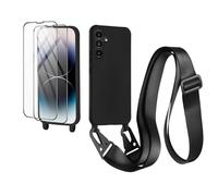 CaseLover Case with Cord for Samsung Galaxy S25 5G, Silicone Cord Cell Phone Case with 2 Pieces Screen Protectors with Adjustable Necklace Phone Chain Lanyard Case Cover, Black