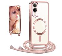 CaseLover Case with Cord for Samsung Galaxy S25 Edge, Magnetic Cell Phone Case with Transparent Silicone Cord Case with Adjustable Necklace Phone Chain Lanyard Cover, Rose Gold