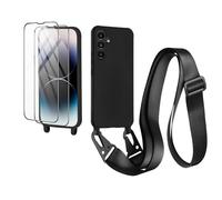 CaseLover Cover for Samsung Galaxy A25 5G with Lanyard, Adjustable Necklace Soft TPU Silicone Case with 2 Pieces Tempered Glass Anti-Scratch Shockproof Protective Cover, Black