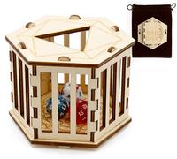 CASEMATIX DND Dice Jail for Up to 50 RPG Dice with Fabric Travel Bag - Wooden Jail Dice Cage with Laser-Etched Artwork for Misbehaving Roleplaying Dice
