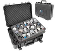 CASEMATIX Watch Travel Case with 42 Watch Roll Slots, Impact Resistant Watch Storage Box with Foam Interior and 2 Removable Display Trays, Protective Watch Holder Case for Watches 24mm to 56mm Faces