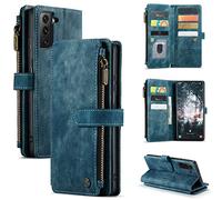 caseme for Samsung-Galaxy-S22-5G Wallet Stand Case, PU Leather Flip Case with Soft TPU Back Cover, Magnetic Closure, Card/Cash-Slots, Zipper Pocket and Photo Frame (Blue)