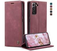 CaseMe Mobile Phone Case for Samsung Galaxy S22 5G Case Premium Leather Foldable Flip Case Magnetic Card Slot Stand Function Protective Case for Samsung Galaxy S22 5G (6.1 Inch) - Wine Red