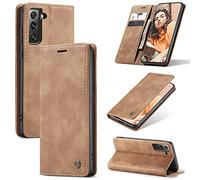 CaseMe UEEBAI Wallet Case for Samsung Galaxy S21 FE 5G, M Premium PU Leather Case Vintage Matte Wallet Flip Cover [Card Slots] [Magnetic Closure] Stand Function Shockproof Full Protection - Brown