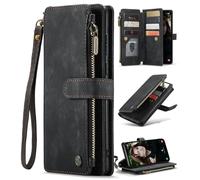 CaseMe Wallet Case for Samsung Galaxy S23 FE, Multifunction Handmade Premium PU Leather Zipper Flip Shockproof Case Built-in [Magnetic Closure] [Kickstand] [Card Slots] for Galaxy S23 FE (Black)