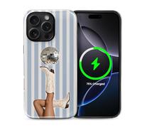 casesok for iPhone 16 Pro Max Case,Compatible with MagSafe,Dual-Layer Hard Shell + Silicone Cover,Full Body Protection Shockproof Case for 16 Pro Max-Disco Ball Western Boots Blue Striped