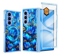 Casetego for Galaxy Z Fold 7 Case Magnetic,[Compatible with MagSafe][Built-in Screen Protector][Hinge Protection] Slim Shockproof Cute Women Girl Case for Samsung Galaxy Z Fold 7,Blue Flower