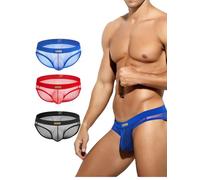 Casey Kevin Men's Mesh Briefs Sexy Underwear See Through Underpants Breathable Novelty Pants Pack of 3,Black Blue Red,M
