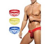 Casey Kevin Men's Mesh Briefs Sexy Underwear See Through Underpants Breathable Novelty Pants Pack of 3,Red Yellow Blue,M