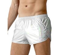 Casey Kevin Men's Metallic Shiny Boxer Shorts with Pockets Sparkly Sexy Hot Short Pants-Silver,Large