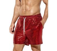 Casey Kevin Men's Metallic Shorts Reflective Rave Shorts with Pockets,CK3117-Square Bright Red S