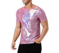 Casey Kevin Mens Metallic T-Shirts 70s Disco Outfits for Mens Holographic Short Sleeve Shiny Tops,Pink-XL