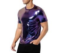Casey Kevin Mens Metallic T-Shirts 70s Disco Outfits for Mens Holographic Short Sleeve Shiny Tops,Purple-S