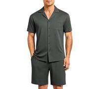 Casey Kevin Men's Pajamas Set Short Sleeve Sleepwear Button Down Loungewear Soft Comfy 2 Piece Pj Shorts Sets with Pockets,Dark Green,XL
