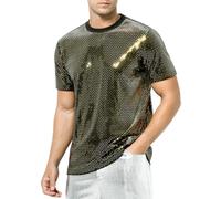 Casey Kevin Men's Shiny Shirts Short Sleeve Sparkly Disco Rave Hot Tops Nightclub Glitter T-Shirt Gold 3332 Small