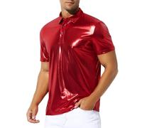 Casey Kevin Men's Short Sleeve Collared Shiny Metallic Shirts Nightclub Button Down Shirt Reflective Rave Outfit Holographic Disco Top,Red,Small