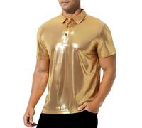 Casey Kevin Men's Short Sleeve Collared Shiny Metallic Shirts Nightclub Button Down Shirt Reflective Rave Outfit Holographic Disco Top,Gold,XX-Large